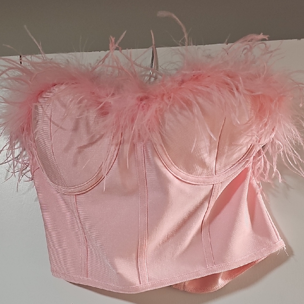 Superdown Blush Pink Corset with Feather Detail
